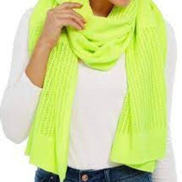 DKNY Open-Knit Blocked Scarf, One Size Neon Yellow - Picture 1 of 5
